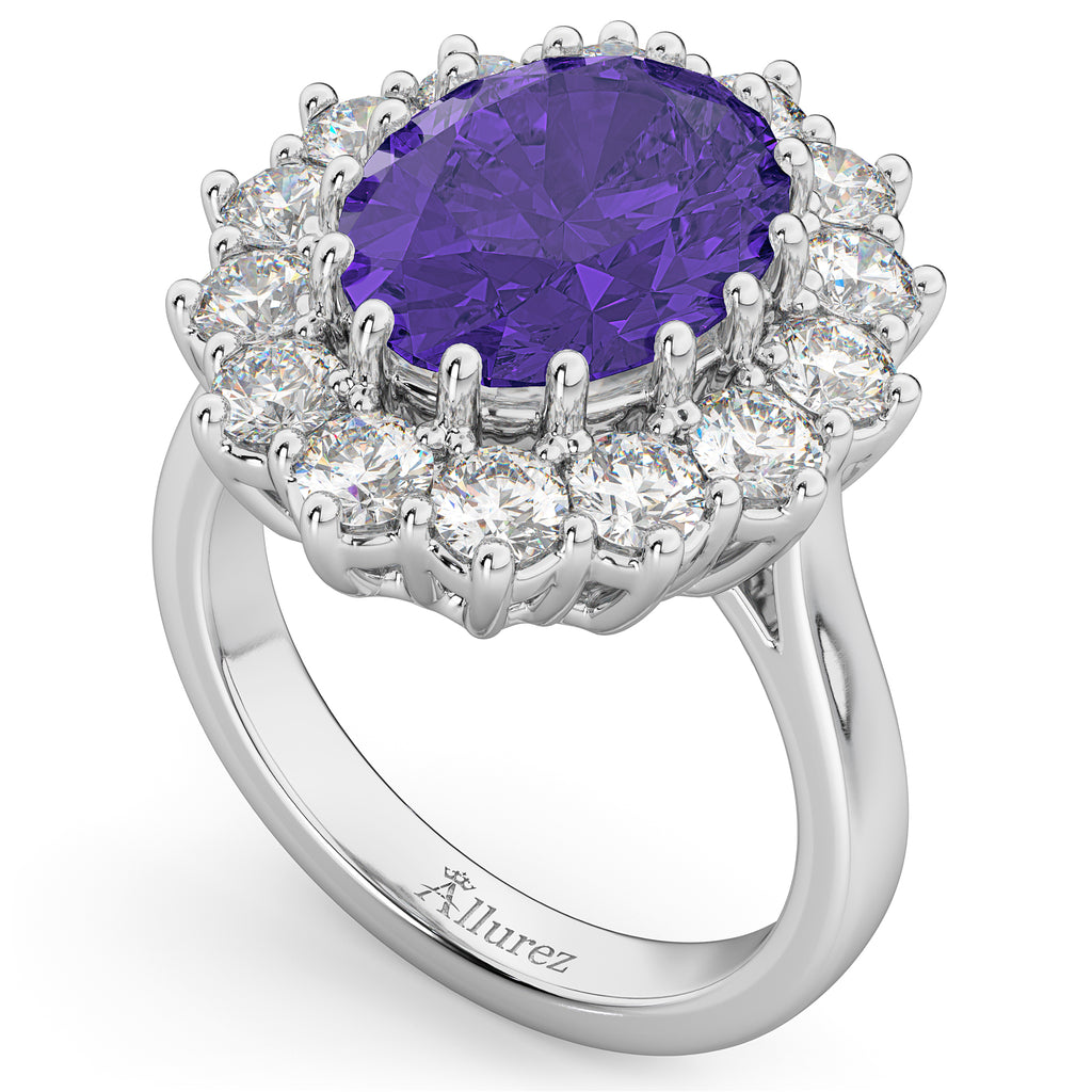 Oval Tanzanite & Diamond Halo Lady Di Ring 18k White Gold (6.40ct)