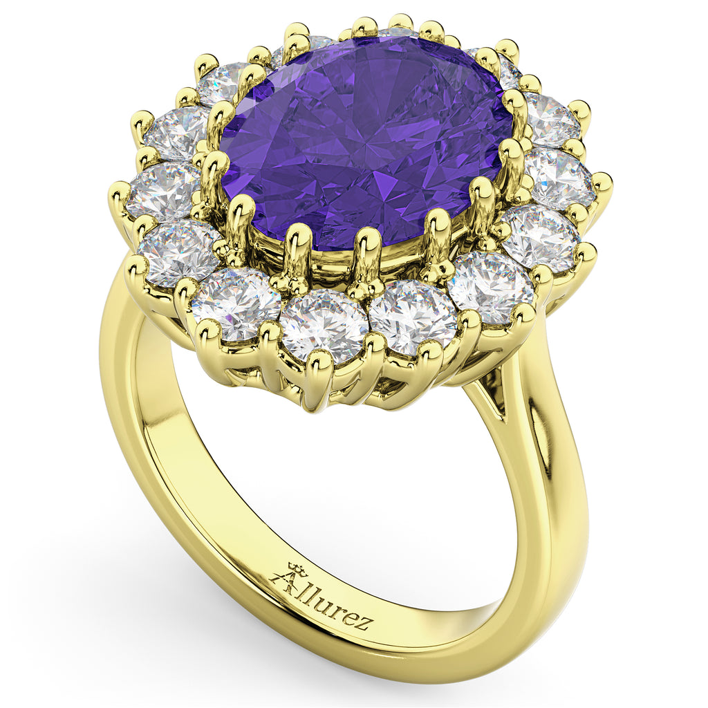 Oval Tanzanite & Diamond Halo Lady Di Ring 18k Yellow Gold (6.40ct)