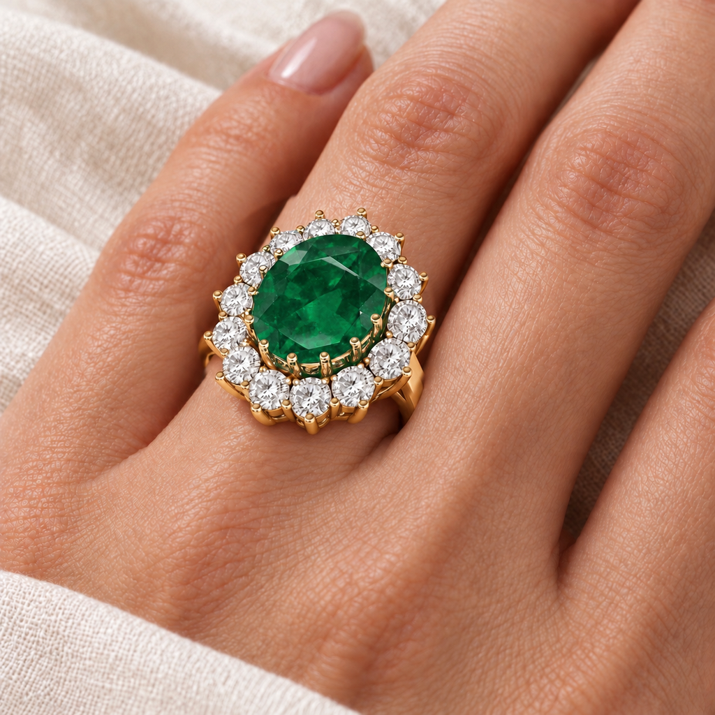 Natural 12x10mm oval emerald with fourteen white halo diamonds in 18k yellow gold; ivory-linen left-ring-finger closeup