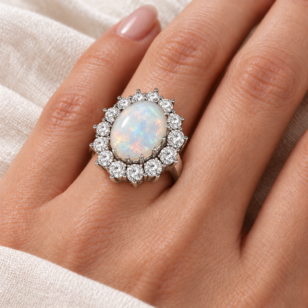 Natural oval opal and diamond halo Lady Di ring in white metal on left ring finger, ivory linen close-up