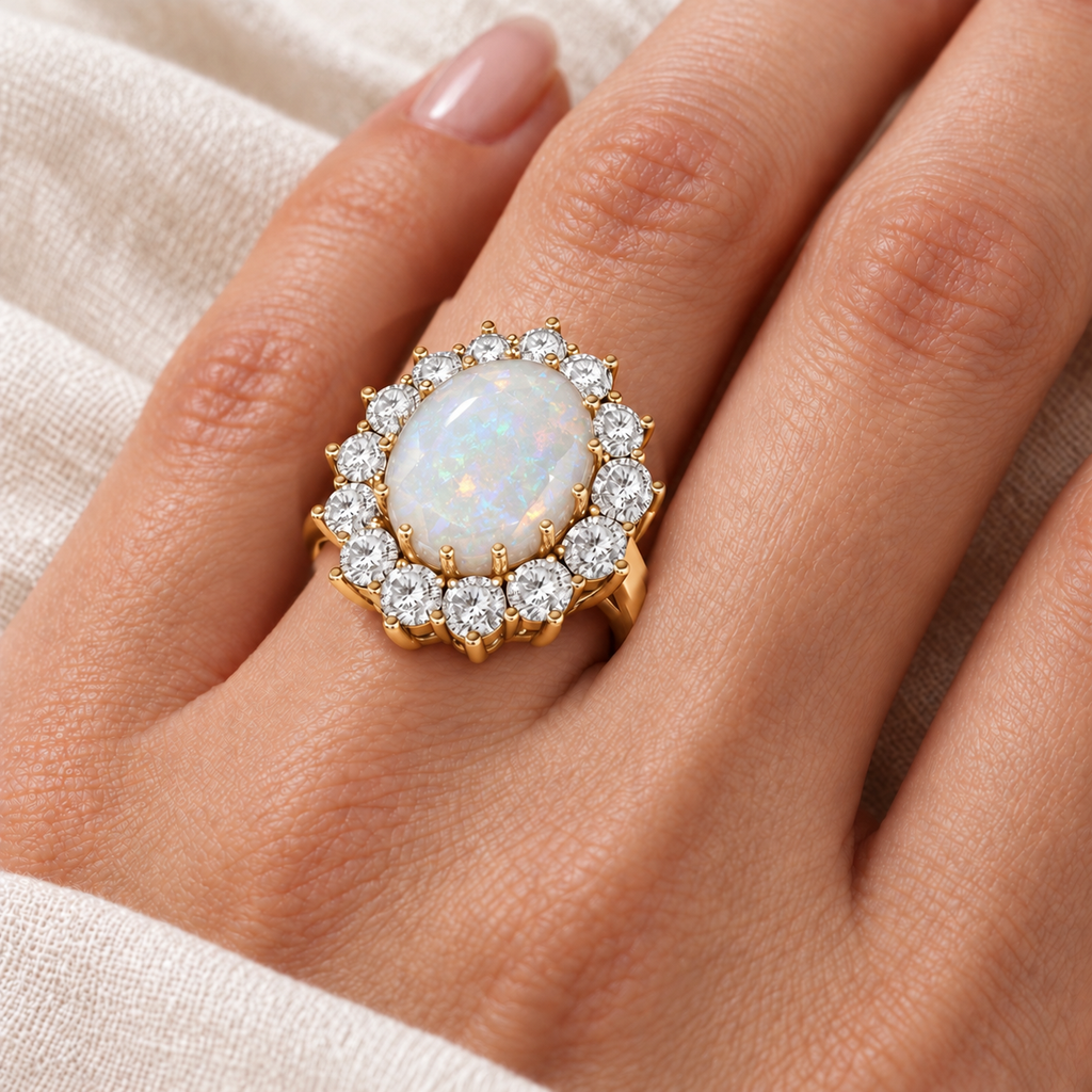 Natural oval opal and diamond halo Lady Di ring in yellow gold on left ring finger, ivory linen close-up