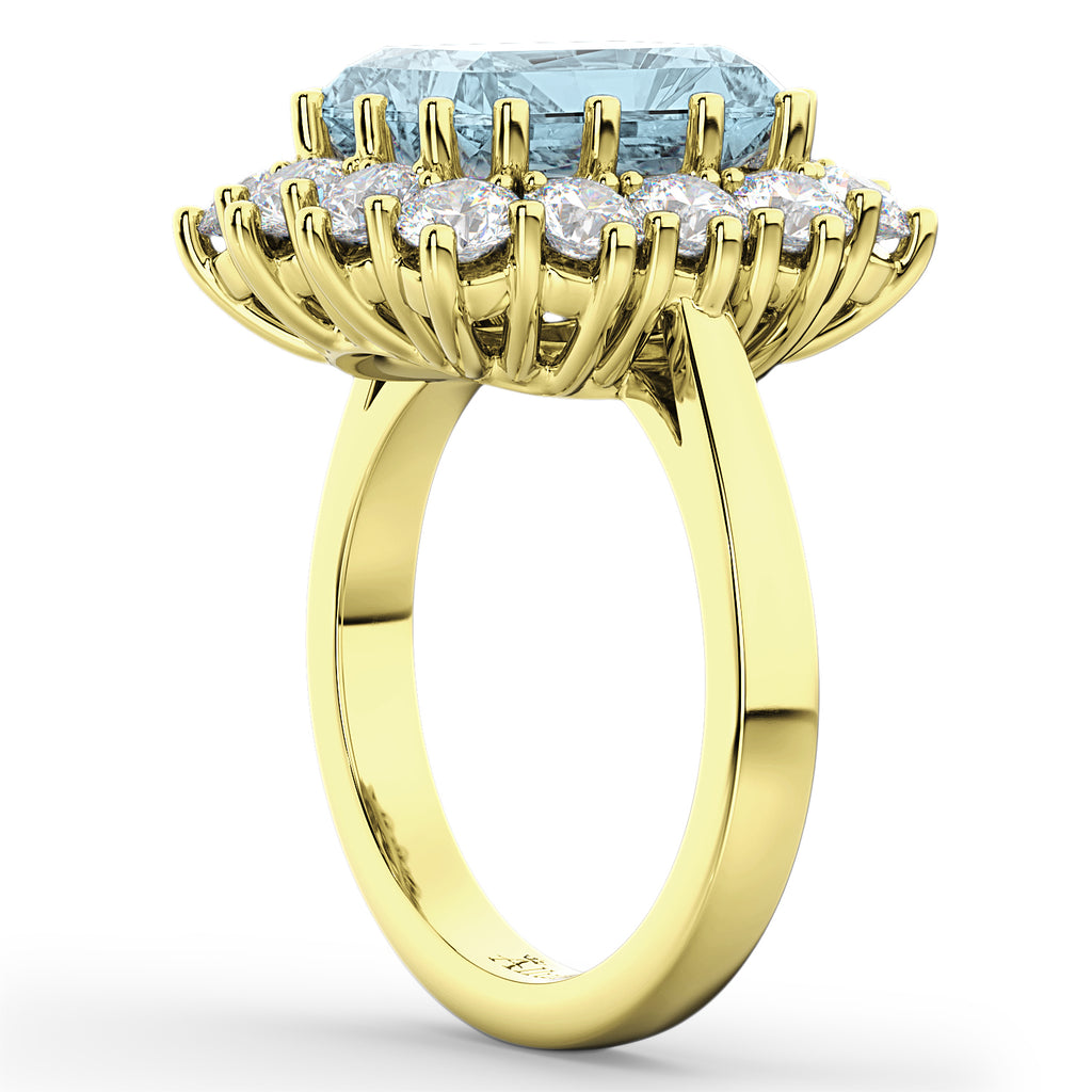 Emerald Cut Lab Aquamarine & Diamond Lady Di Ring 14k Yellow Gold (5.68ct)