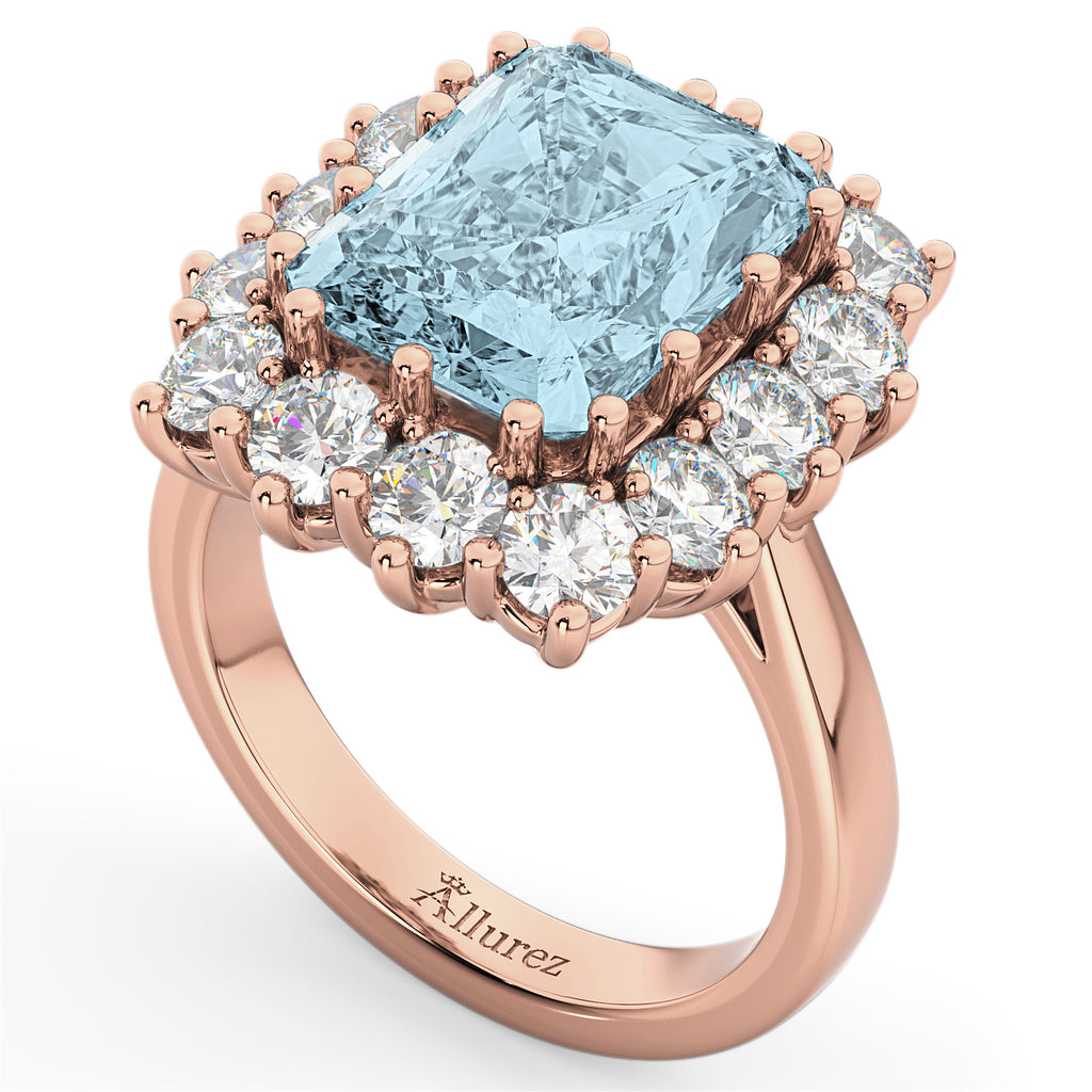 Emerald Cut Lab Aquamarine & Diamond Lady Di Ring 18k Rose Gold (5.68ct)