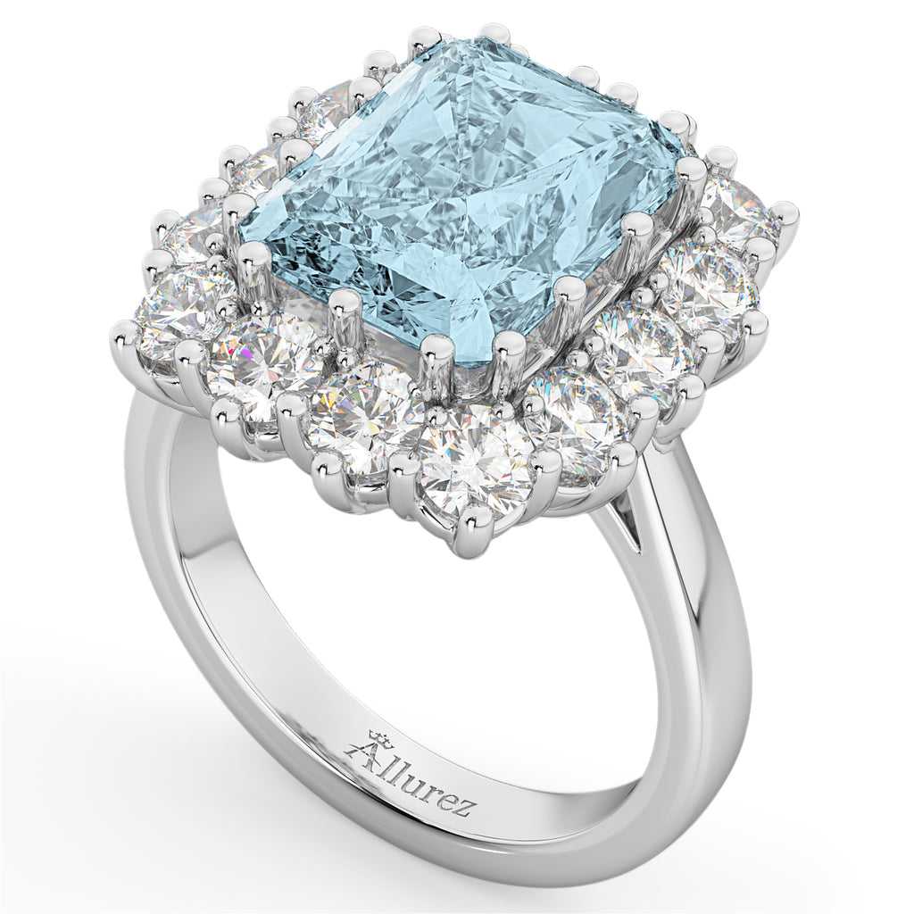 Emerald Cut Lab Aquamarine & Diamond Lady Di Ring 18k White Gold (5.68ct)