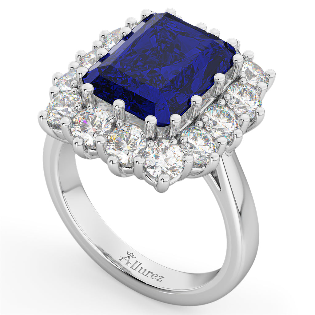 Emerald Cut Lab Blue Sapphire & Diamond Lady Di Ring 14k White Gold 5.68ct