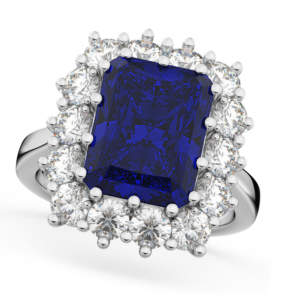 Emerald Cut Lab Blue Sapphire & Diamond Lady Di Ring 18k White Gold 5.68ct