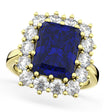 Emerald Cut Lab Blue Sapphire & Diamond Lady Di Ring 18k Yellow Gold 5.68ct