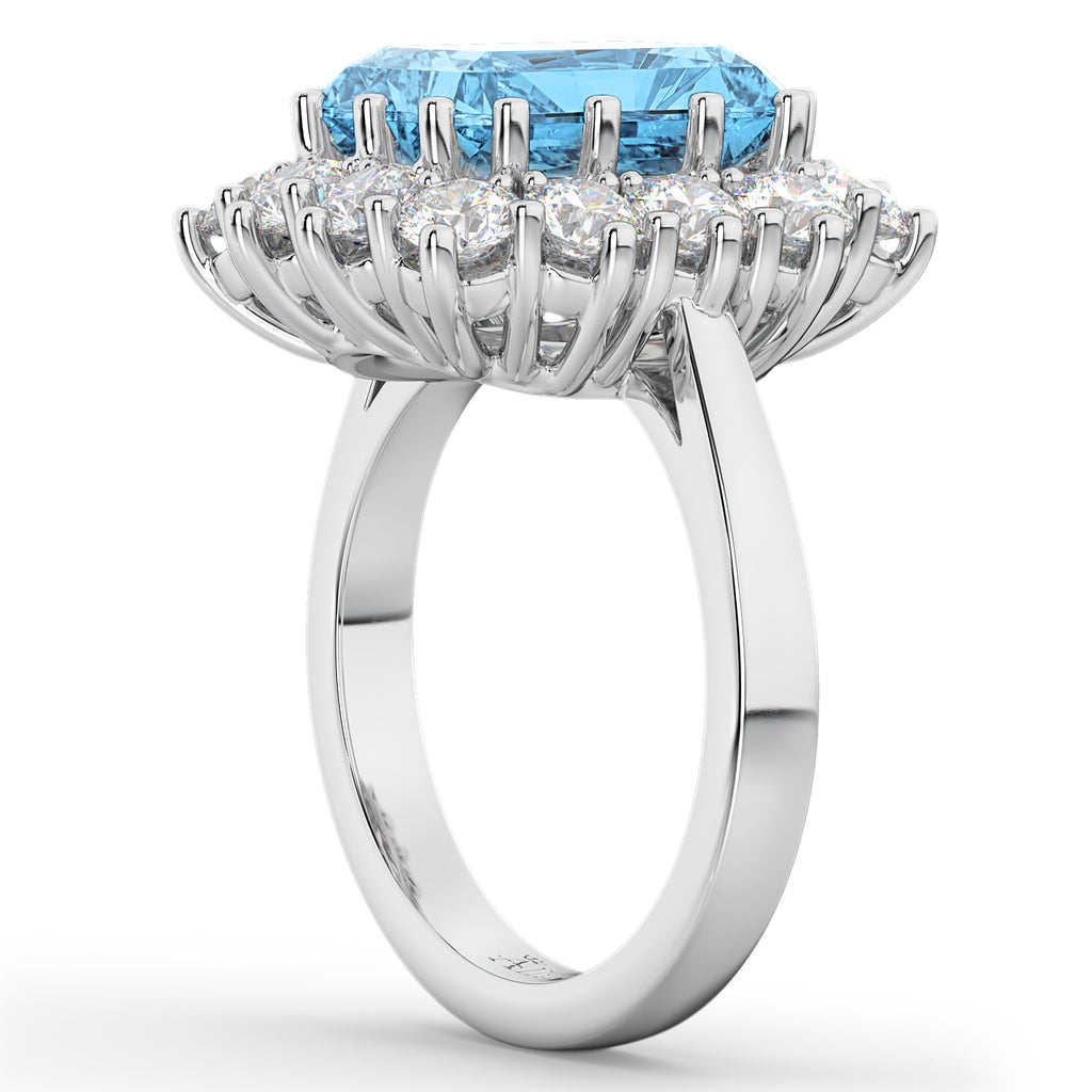 Emerald Cut Blue Topaz & Diamond Lady Di Ring 18k White Gold (5.68ct)