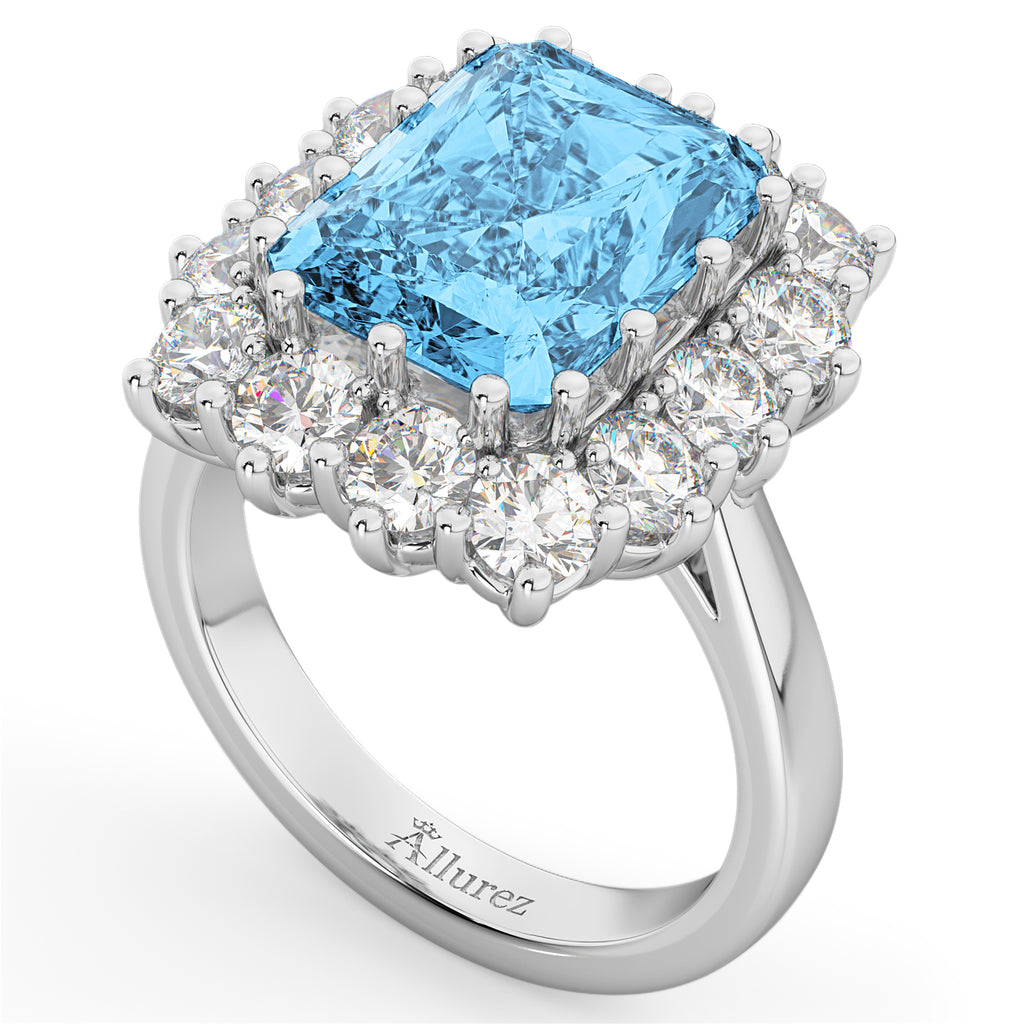Emerald Cut Blue Topaz & Diamond Lady Di Ring 18k White Gold (5.68ct)