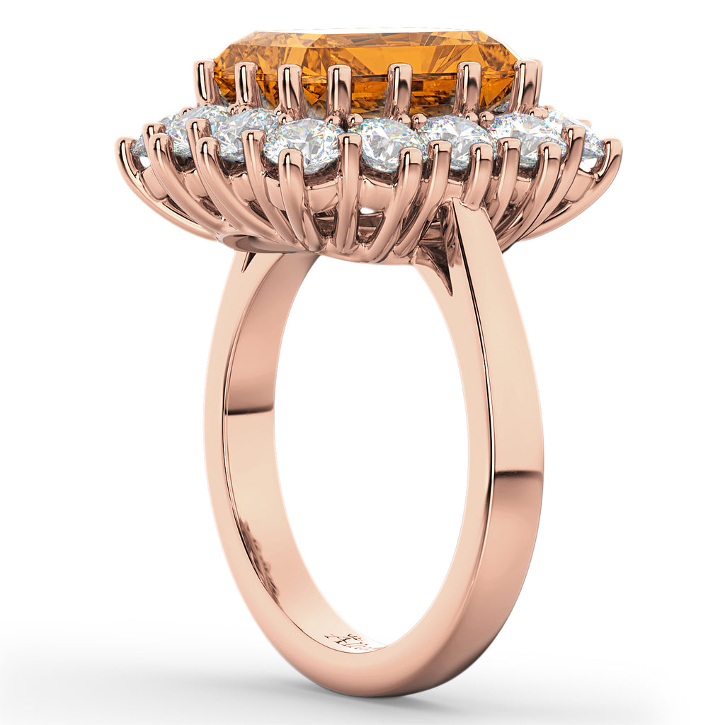 Emerald Cut Citrine & Diamond Lady Di Ring 14k Rose Gold (5.68ct)