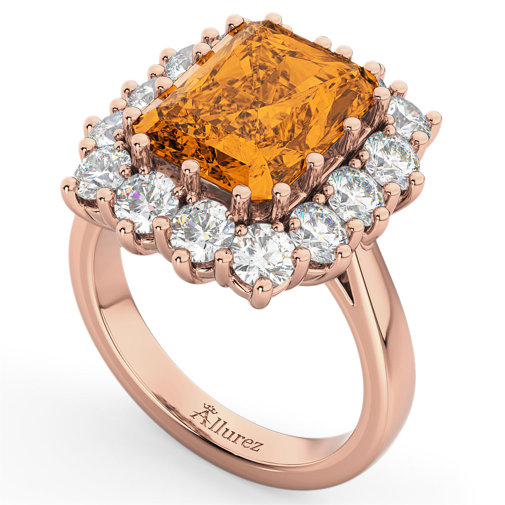 Emerald Cut Citrine & Diamond Lady Di Ring 14k Rose Gold (5.68ct)