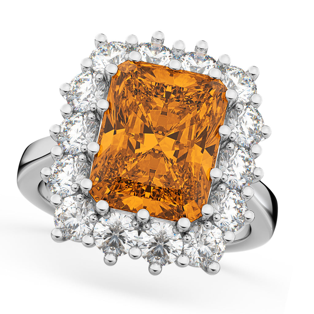 Emerald Cut Citrine & Diamond Lady Di Ring 14k White Gold (5.68ct)