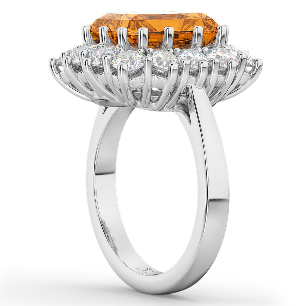Emerald Cut Citrine & Diamond Lady Di Ring 14k White Gold (5.68ct)