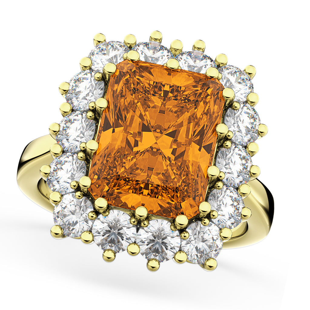 Emerald Cut Citrine & Diamond Lady Di Ring 14k Yellow Gold 5.68ct