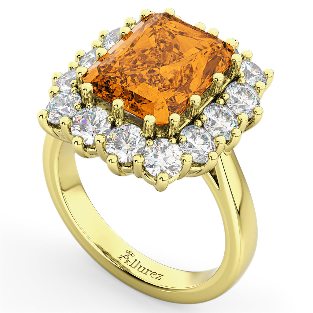 Emerald Cut Citrine & Diamond Lady Di Ring 14k Yellow Gold 5.68ct