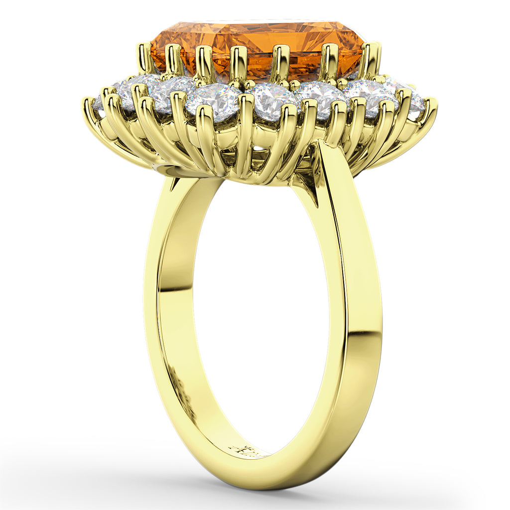 Emerald Cut Citrine & Diamond Lady Di Ring 18k Yellow Gold (5.68ct)