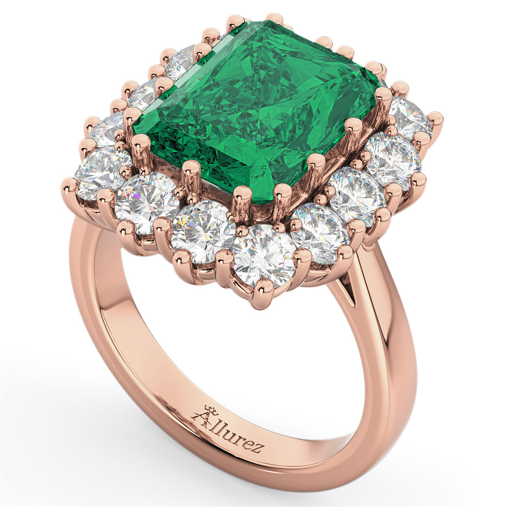 Emerald Cut Lab Emerald & Diamond Lady Di Ring 14k Rose Gold (5.68ct)