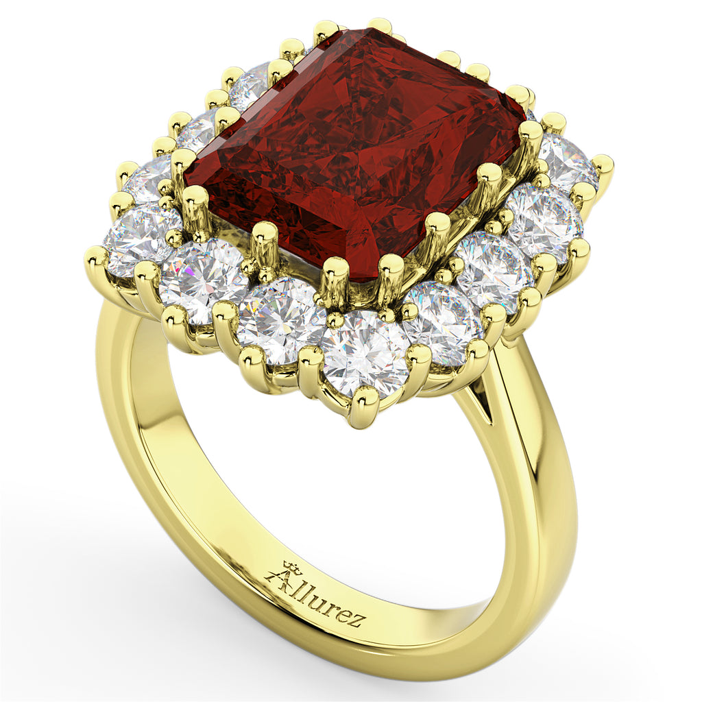 Emerald Cut Garnet & Diamond Lady Di Ring 14k Yellow Gold 5.68ct