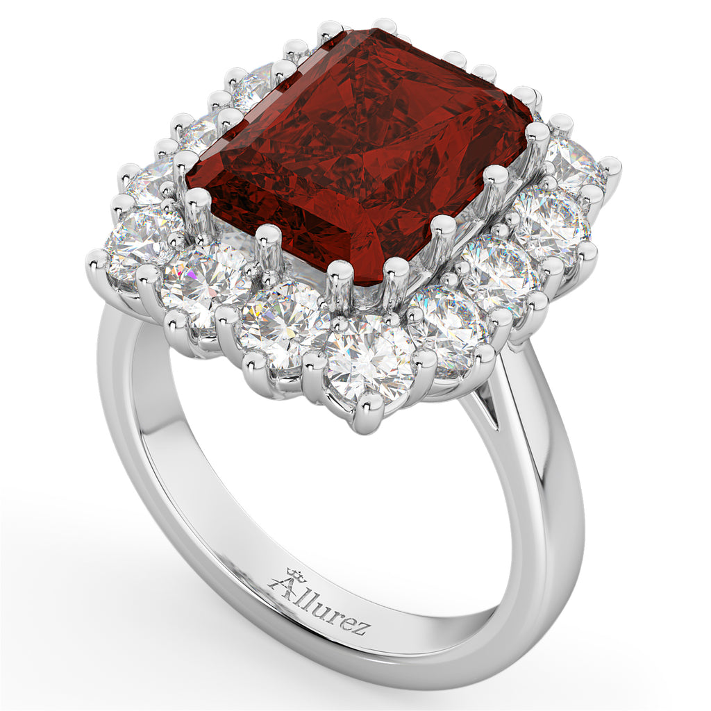 Emerald Cut Garnet & Diamond Lady Di Ring 18k White Gold (5.68ct)