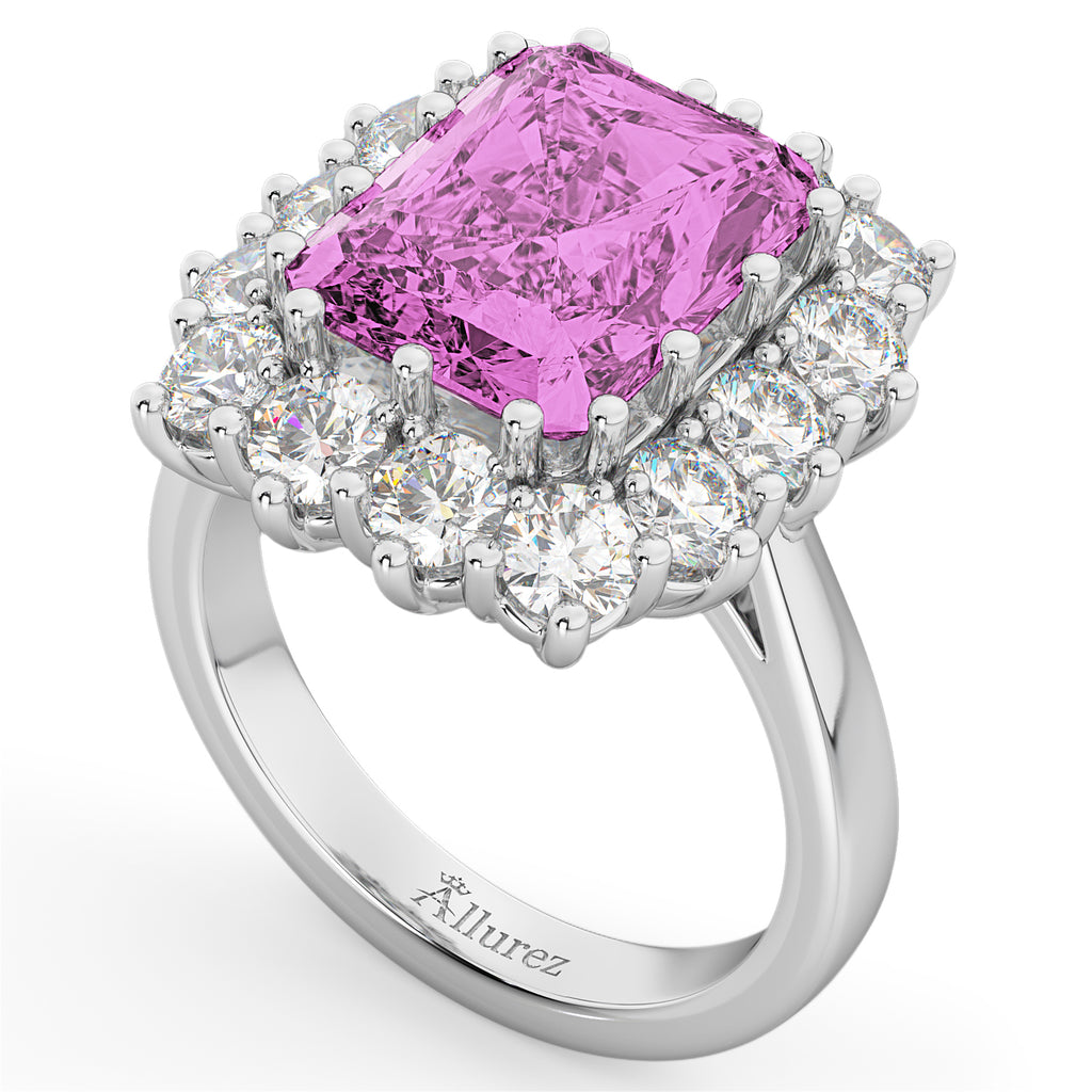 Emerald Cut Lab Pink Sapphire & Diamond Lady Di Ring 14k White Gold (5.68ct)