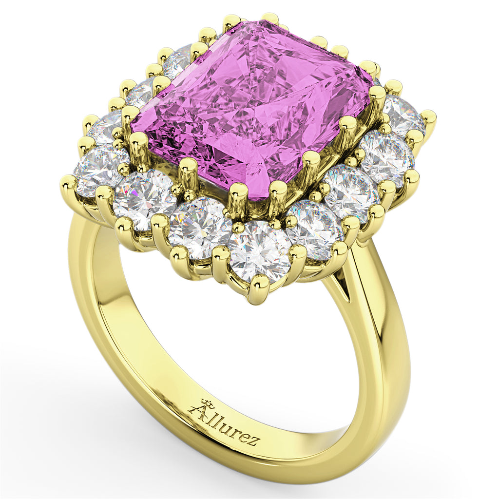 Emerald Cut Lab Pink Sapphire & Diamond Lady Di Ring 18k Yellow Gold (5.68ct)