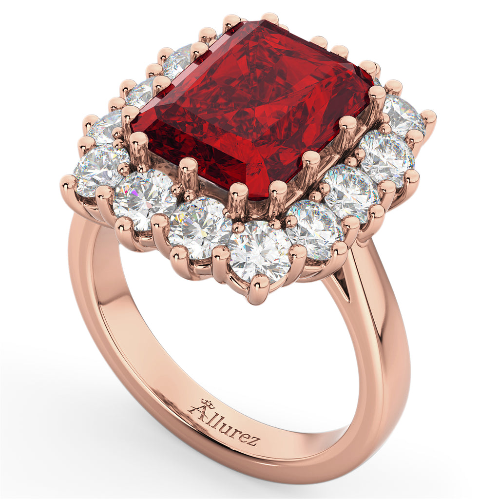 Emerald Cut Ruby & Diamond Lady Di Ring 14k Rose Gold (5.68ct)