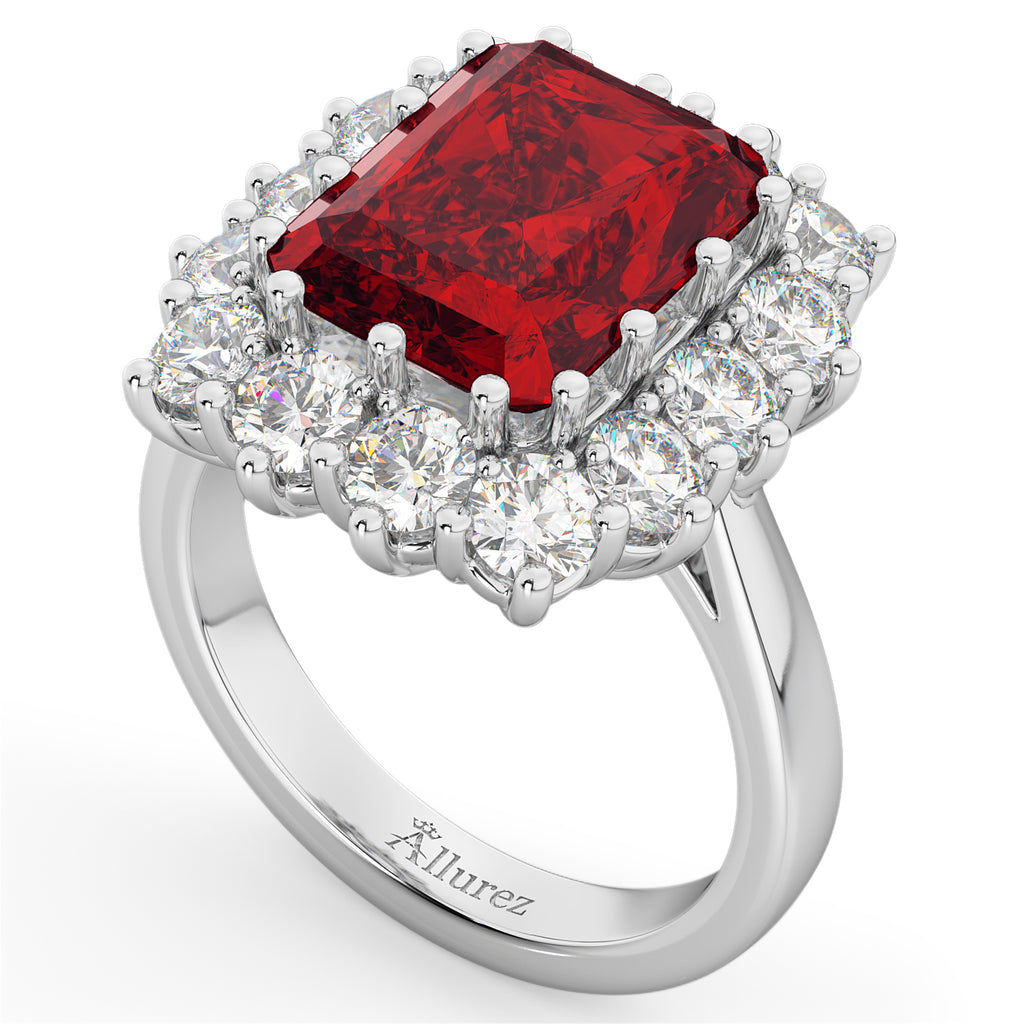Emerald Cut Ruby & Diamond Lady Di Ring 14k White Gold (5.68ct)