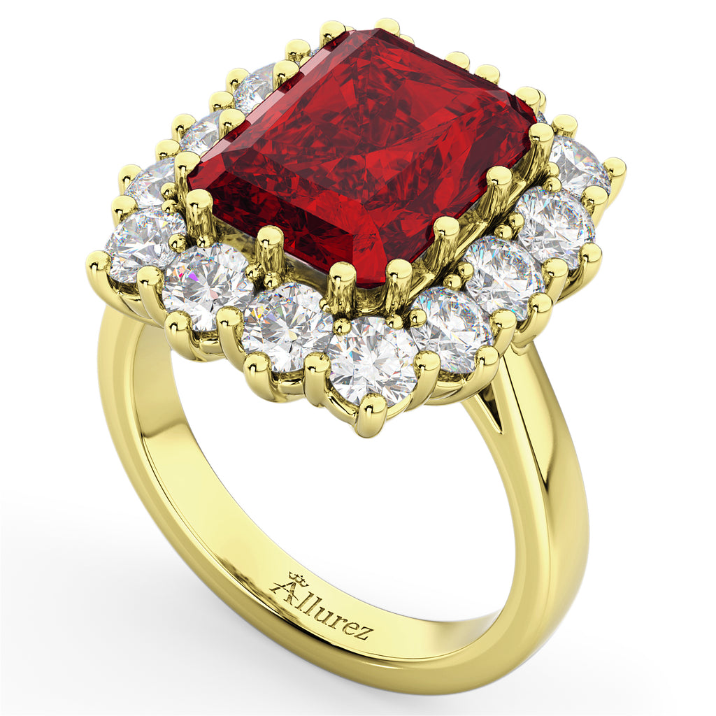 Emerald Cut Ruby & Diamond Lady Di Ring 14k Yellow Gold (5.68ct)