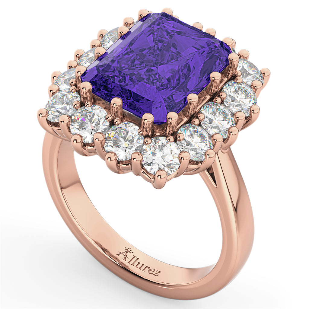 Emerald Cut Lab Tanzanite & Diamond Lady Di Ring 14k Rose Gold (5.68ct)