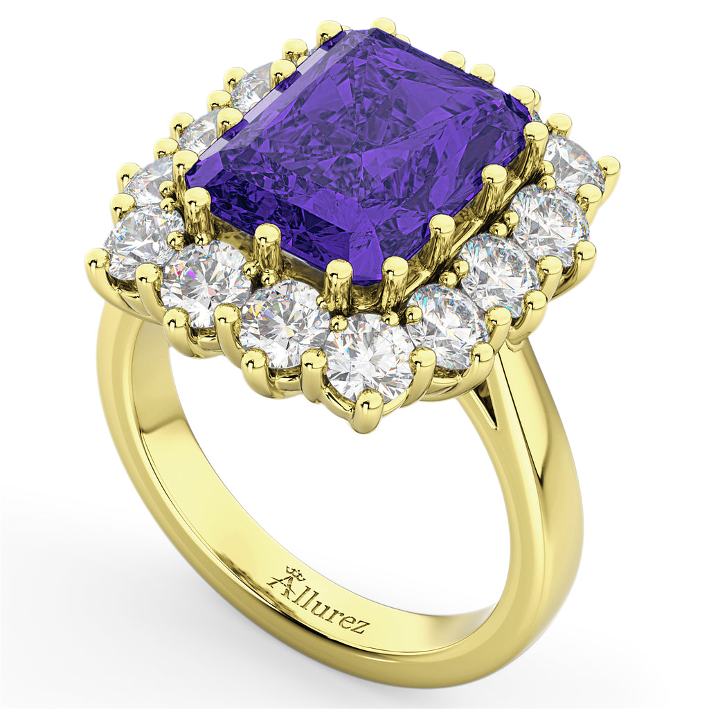 Emerald Cut Lab Tanzanite & Diamond Lady Di Ring 14k Yellow Gold 5.68ct