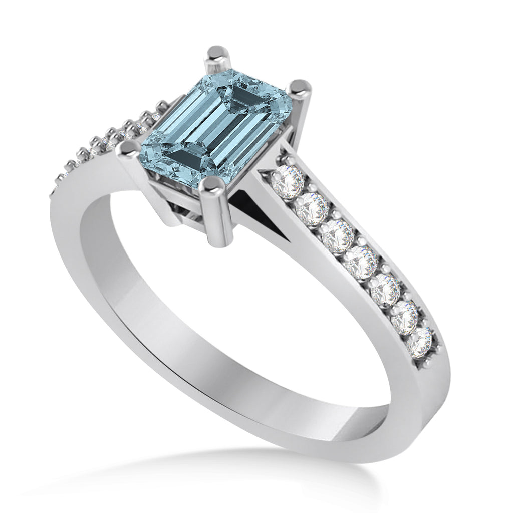 Aquamarine & Emerald-Cut Diamond Pre-Set Engagement Ring 14k White Gold (1.09ct)