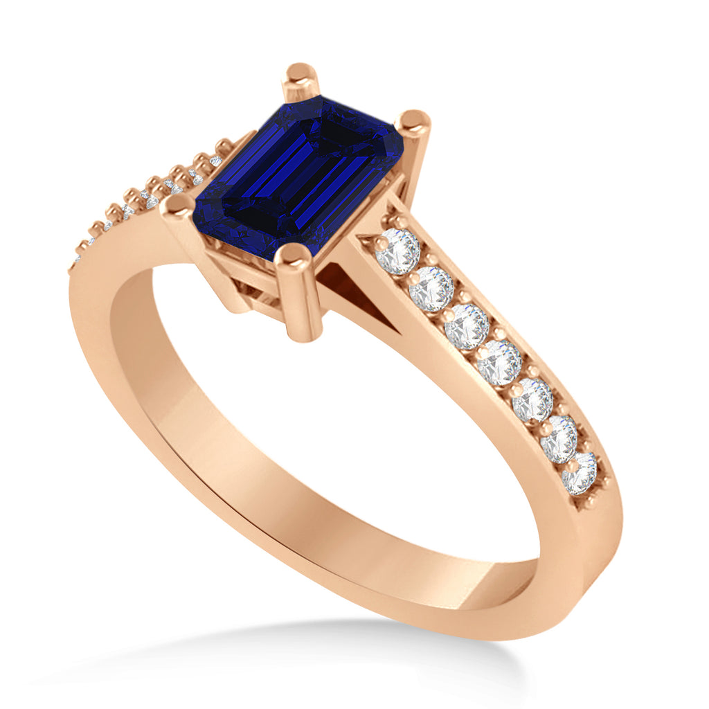 Blue Sapphire & Emerald-Cut Diamond Pre-Set Engagement Ring 14k Rose Gold (1.09ct)