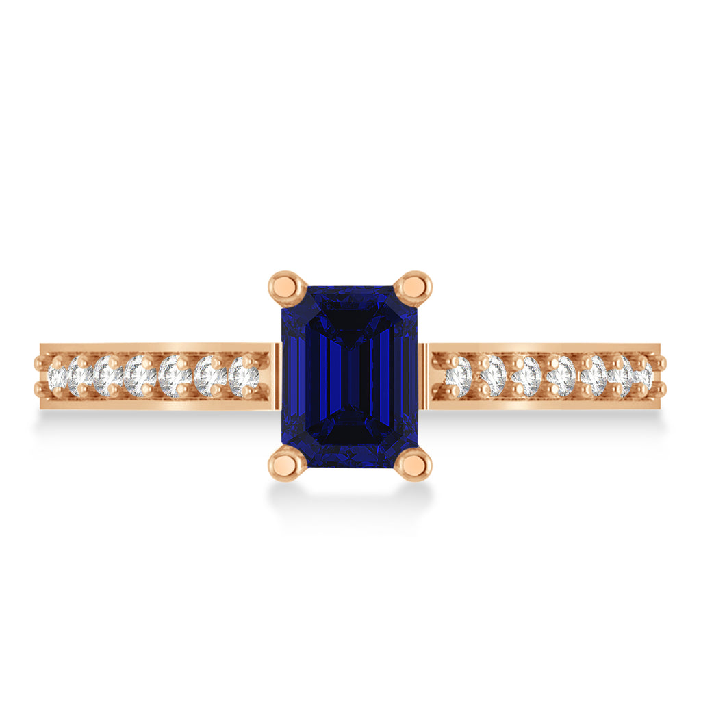 Blue Sapphire & Emerald-Cut Diamond Pre-Set Engagement Ring 14k Rose Gold (1.09ct)