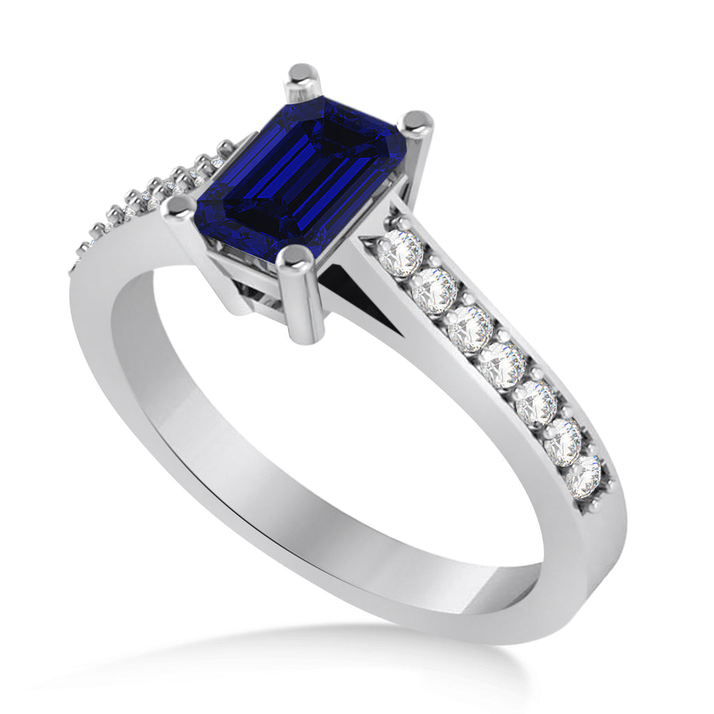 Blue Sapphire & Emerald-Cut Diamond Pre-Set Engagement Ring 14k White Gold (1.09ct)