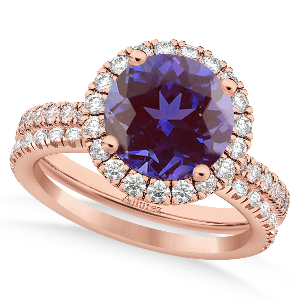 Lab Alexandrite & Diamond Round-Cut Halo Bridal Set 14K Rose Gold (2.57ct)