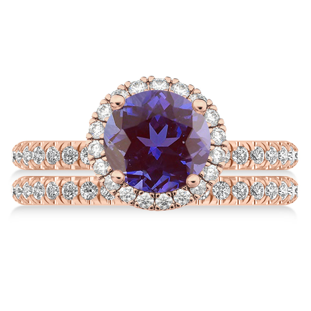 Lab Alexandrite & Diamond Round-Cut Halo Bridal Set 14K Rose Gold (2.57ct)