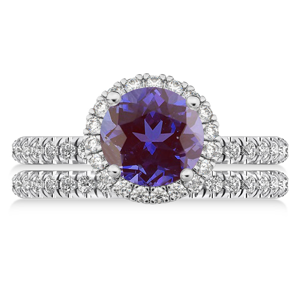 Lab Alexandrite & Diamond Round-Cut Halo Bridal Set 18K White Gold (2.57ct)