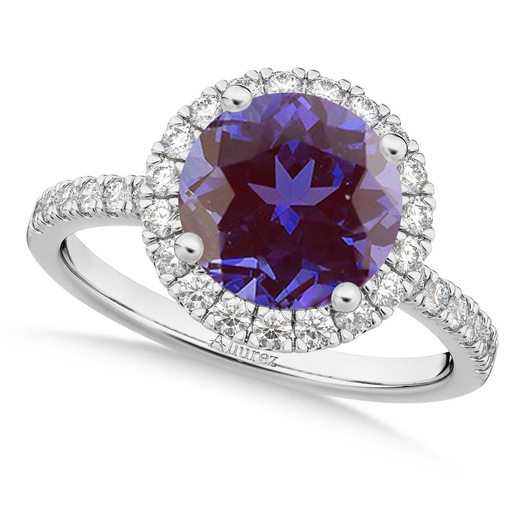Lab Alexandrite & Diamond Round-Cut Halo Bridal Set 18K White Gold (2.57ct)