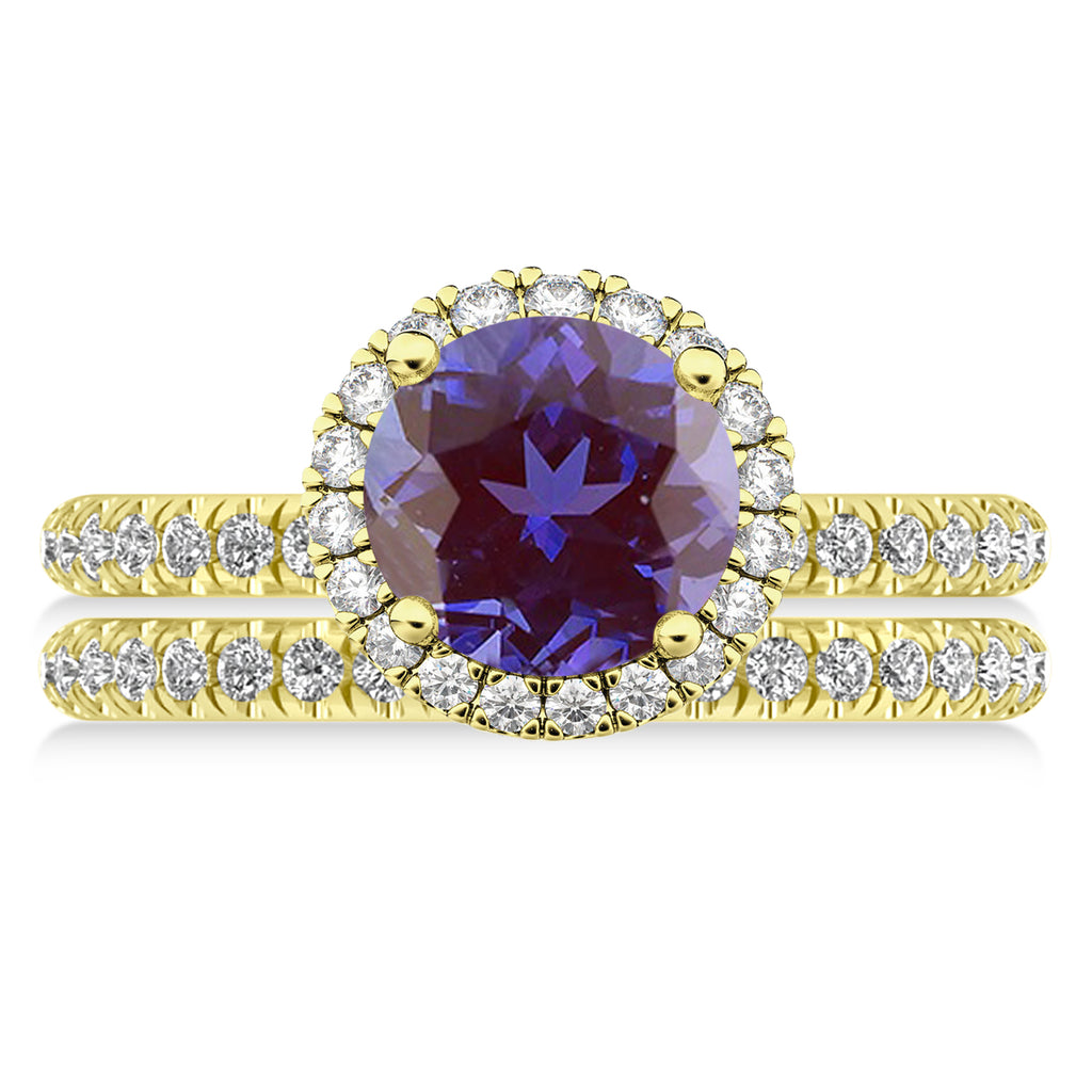 Lab Alexandrite & Diamond Round-Cut Halo Bridal Set 18K Yellow Gold (2.57ct)