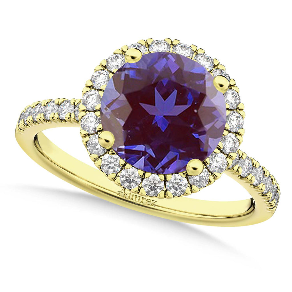 Lab Alexandrite & Diamond Round-Cut Halo Bridal Set 18K Yellow Gold (2.57ct)