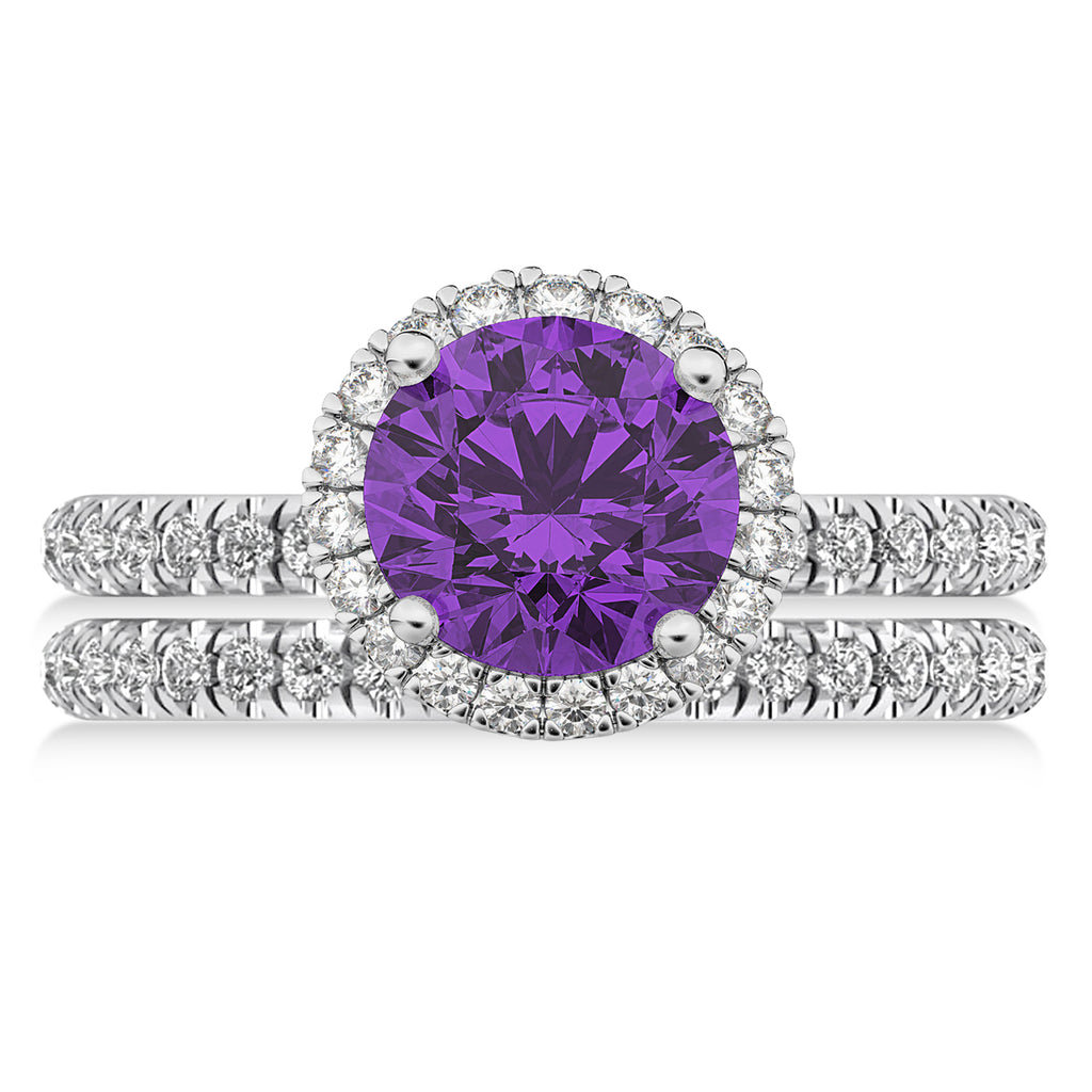 Amethyst & Diamond Round-Cut Halo Bridal Set 14K White Gold (2.57ct)