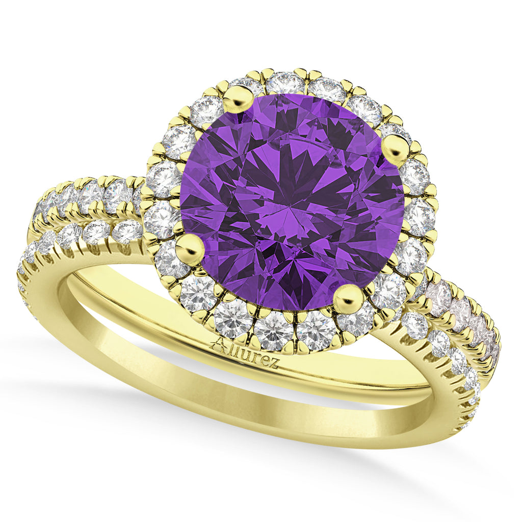 Amethyst & Diamond Round-Cut Halo Bridal Set 14K Yellow Gold (2.57ct)