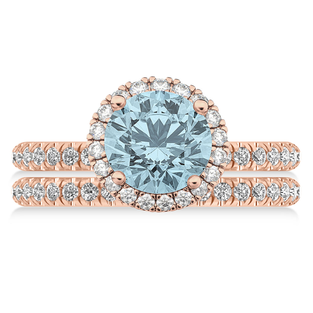 Aquamarine & Diamond Round-Cut Halo Bridal Set 14K Rose Gold (2.97ct)