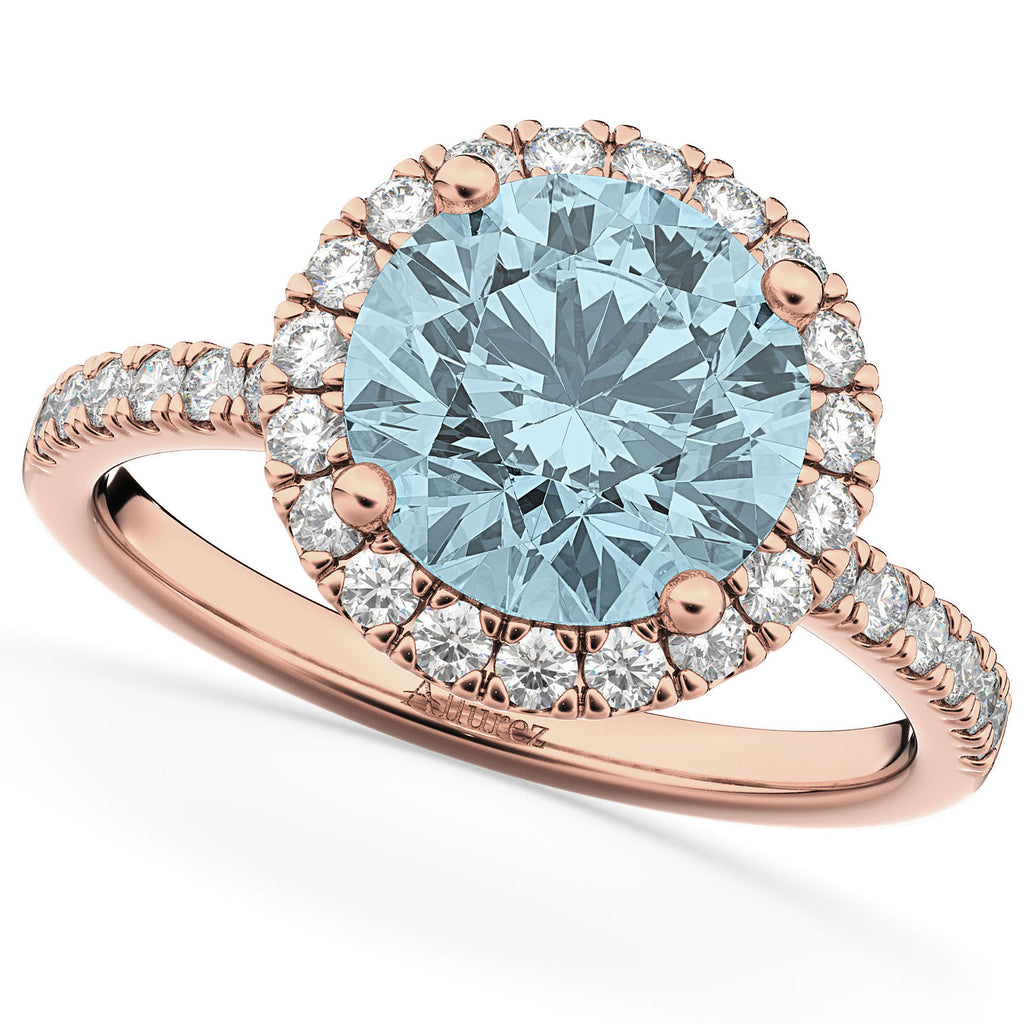 Aquamarine & Diamond Round-Cut Halo Bridal Set 14K Rose Gold (2.97ct)