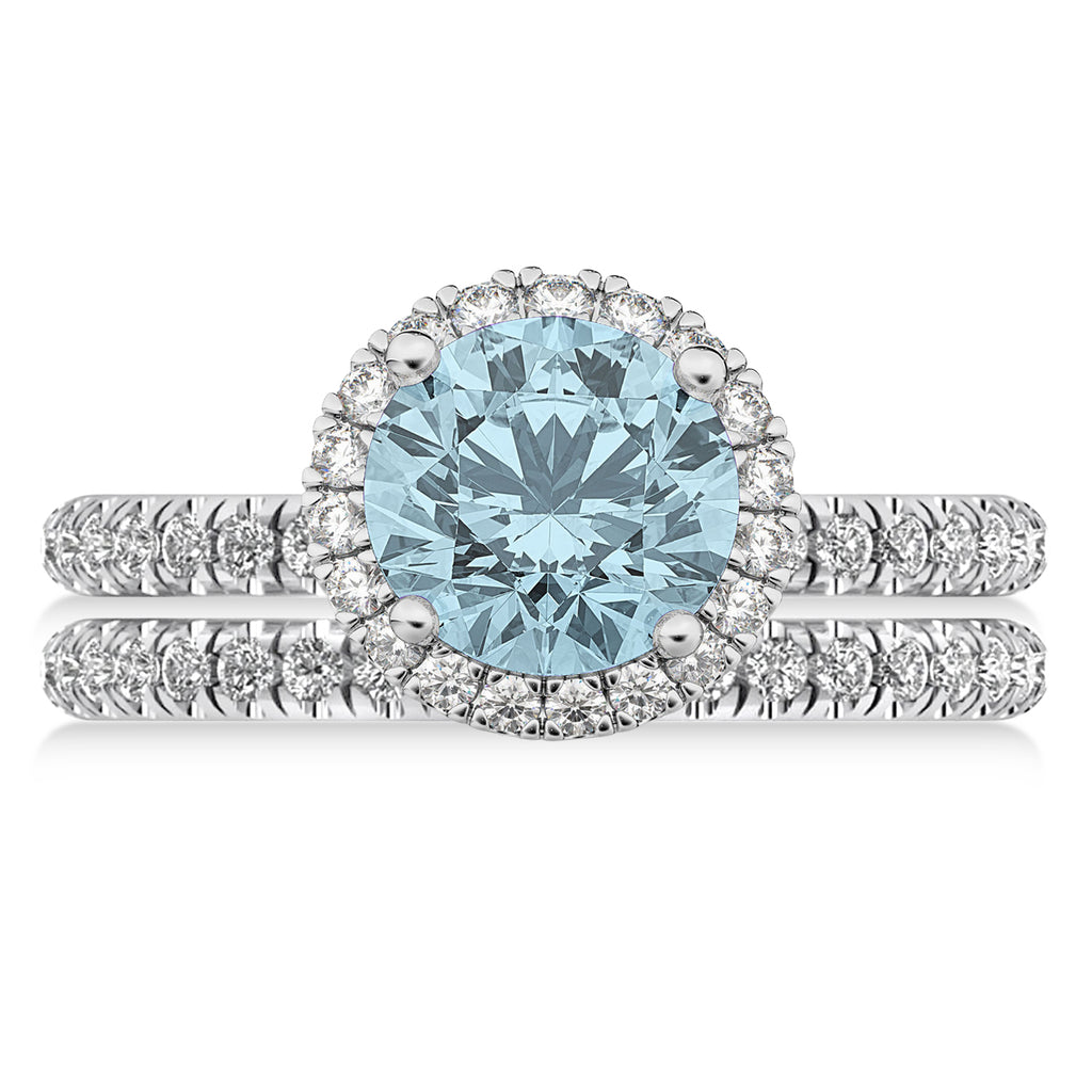 Aquamarine & Diamond Round-Cut Halo Bridal Set 18K White Gold (2.97ct)