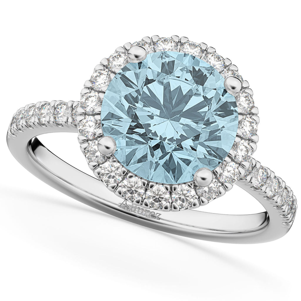 Aquamarine & Diamond Round-Cut Halo Bridal Set 18K White Gold (2.97ct)