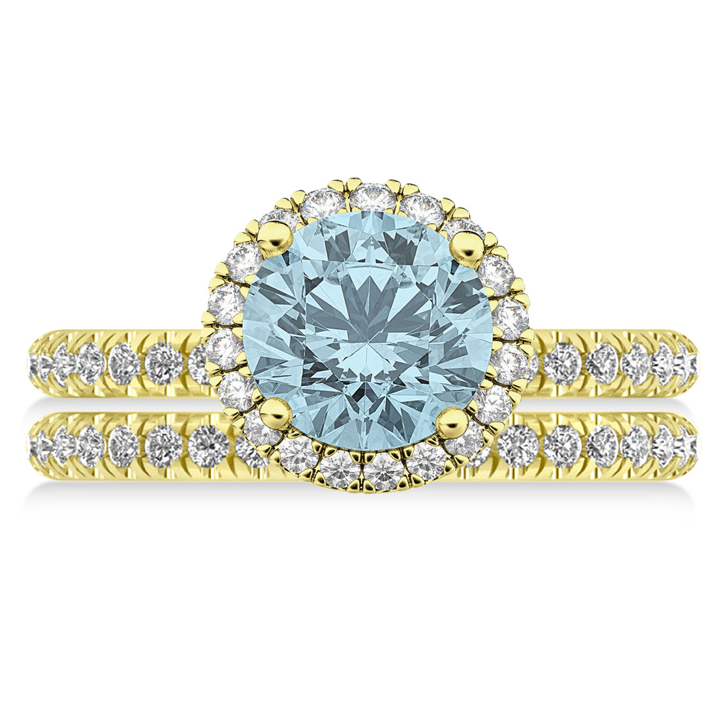 Aquamarine & Diamond Round-Cut Halo Bridal Set 18K Yellow Gold (2.97ct)