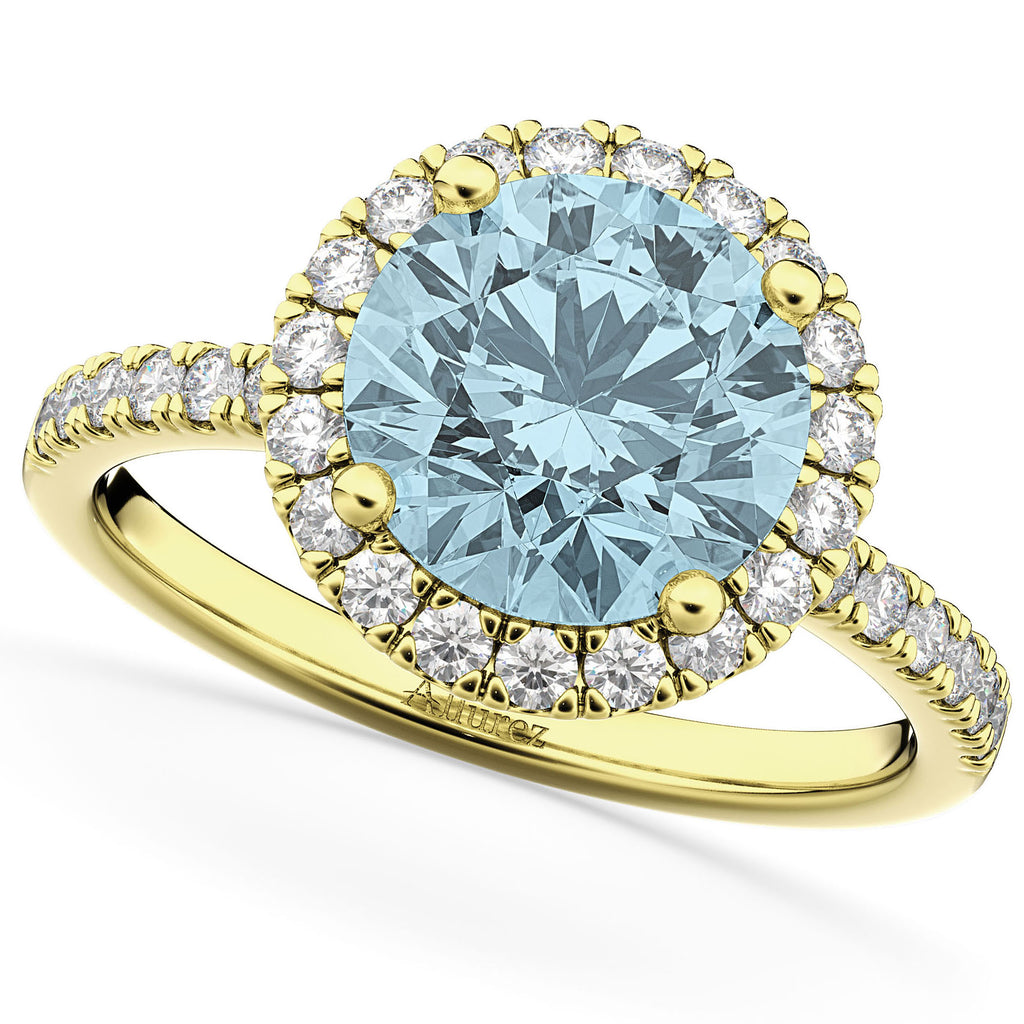 Aquamarine & Diamond Round-Cut Halo Bridal Set 18K Yellow Gold (2.97ct)