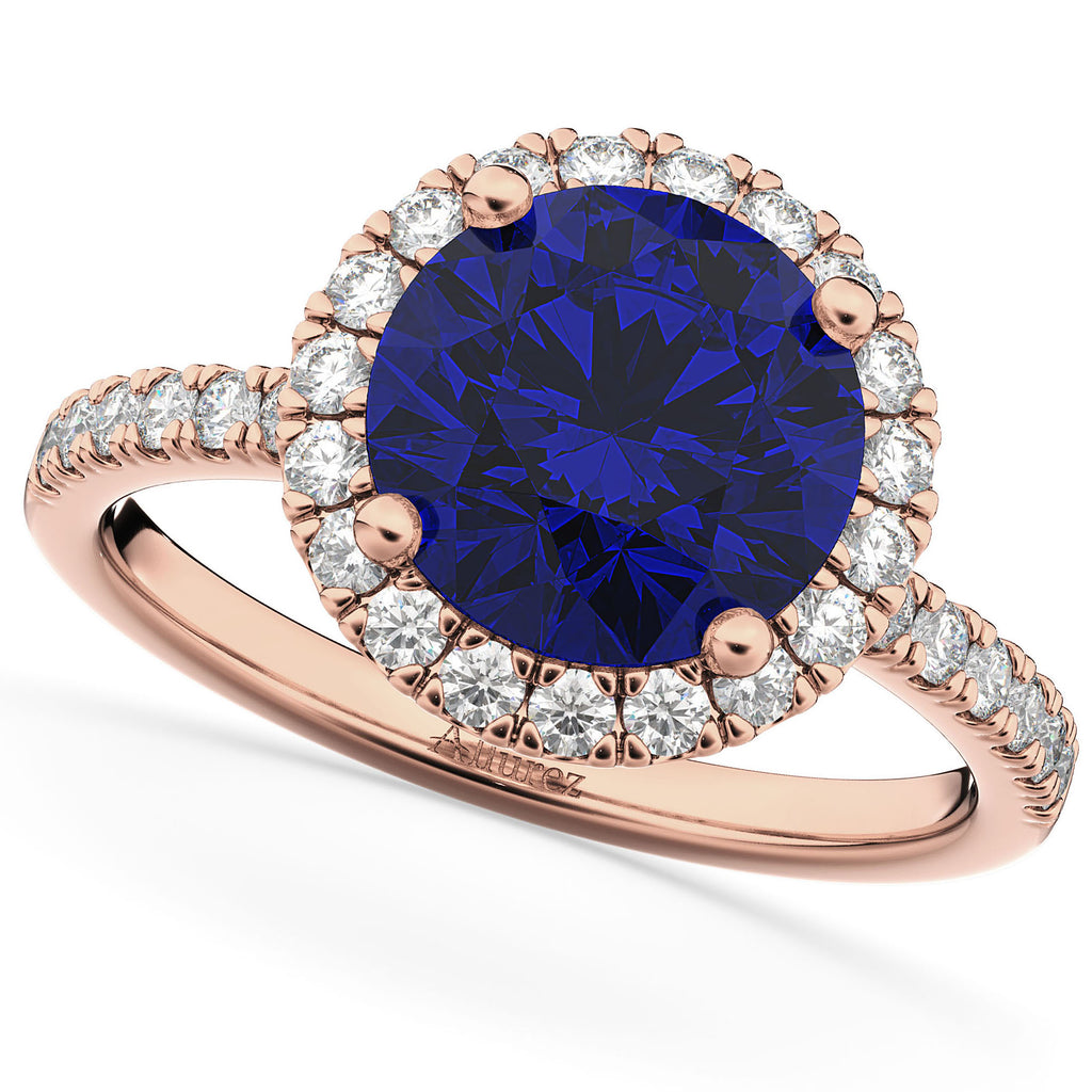 Blue Sapphire & Diamond Round-Cut Halo Bridal Set 14K Rose Gold (3.07ct)