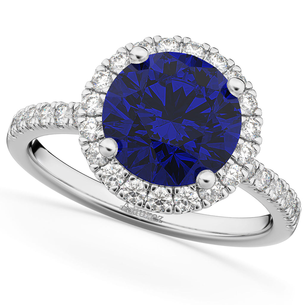 Blue Sapphire & Diamond Round-Cut Halo Bridal Set 14K White Gold (3.07ct)
